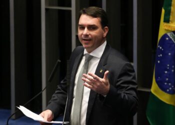 O senador Flávio Bolsonaro, durante sessão plenária, para apreciar e votar as medidas provisórias.