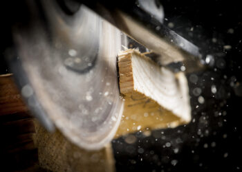 Close-up of carpenter cutting a wooden plank